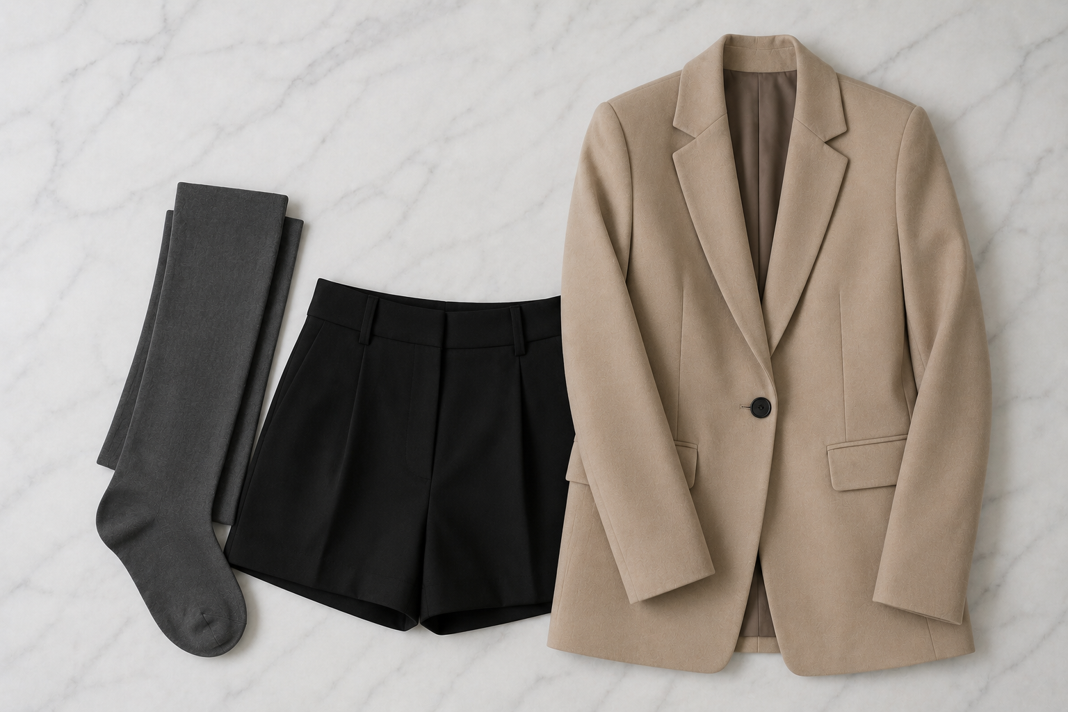 Meia-calça opaca cinza com shorts de alfaiataria preto e blazer estruturado bege