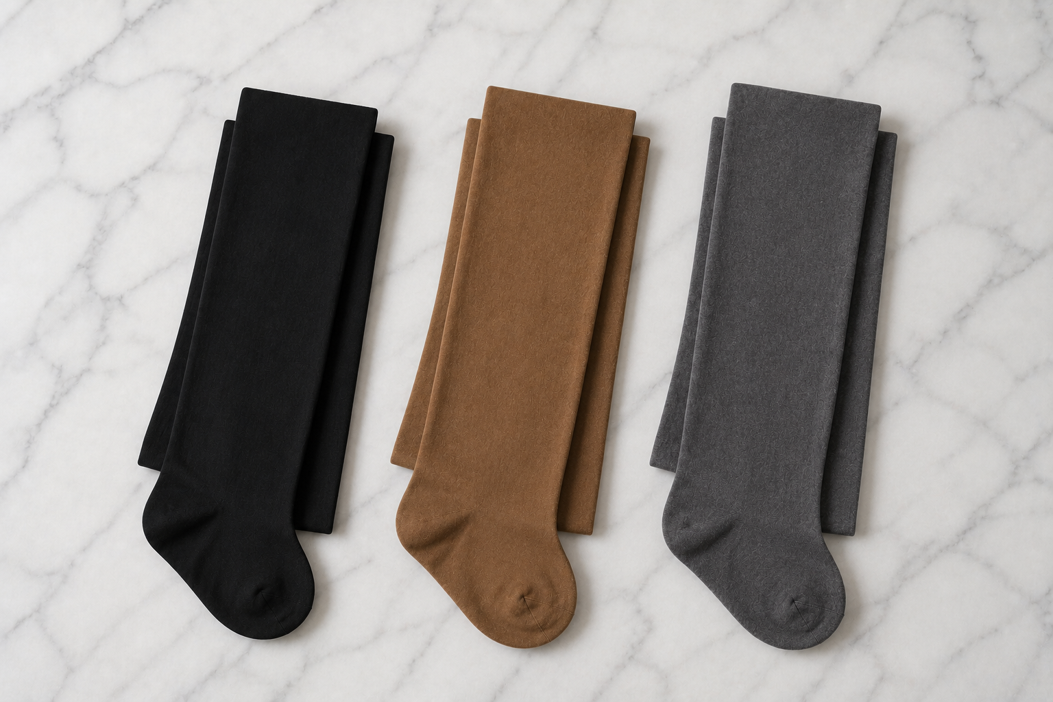 Três pares de meia-calça em tons preto, caramelo e cinza dobrados sobre mármore