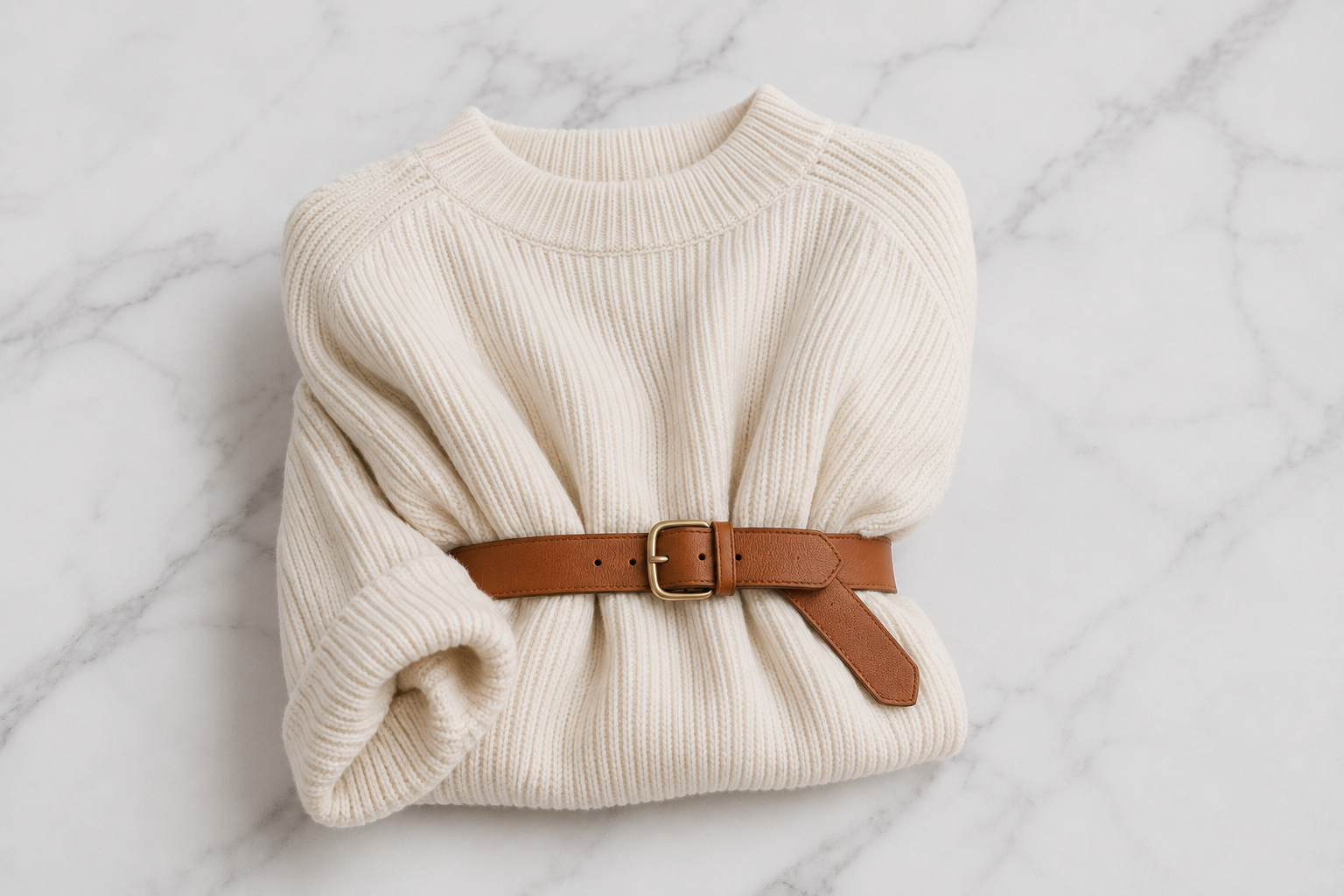 Suéter oversized off-white com cinto de couro caramelo para marcar a cintura