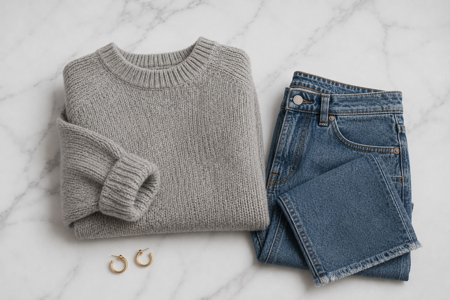 Suéter oversized cinza mescla combinado com calça jeans reta e brincos dourados