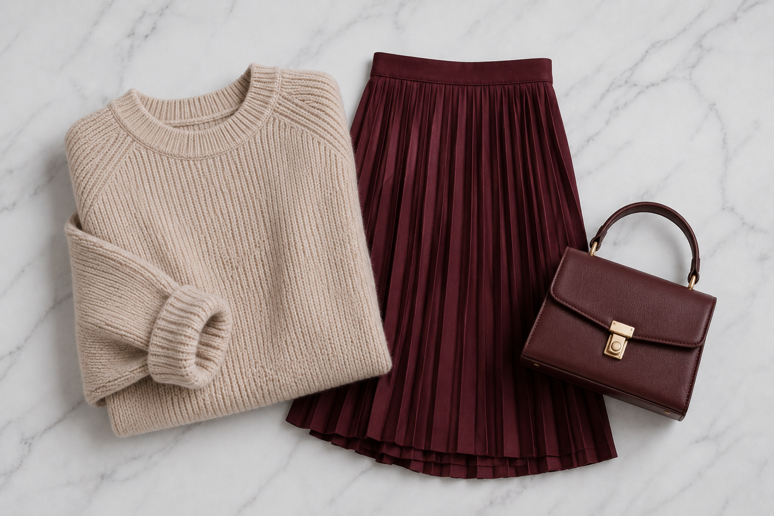 Suéter oversized bege combinado com saia midi plissada vinho e bolsa estruturada
