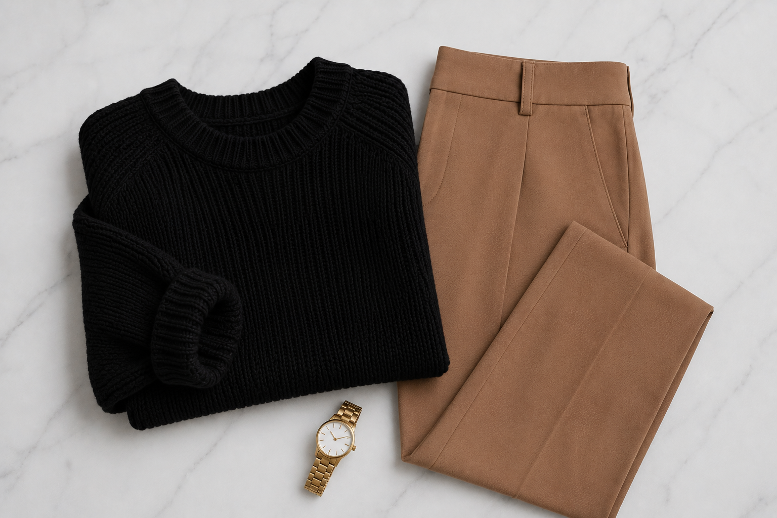 Suéter oversized preto combinado com calça de alfaiataria caramelo para o trabalho