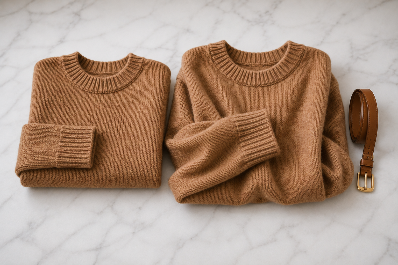 Comparação de dois suéteres oversized dobrados mostrando o caimento certo e o exagerado