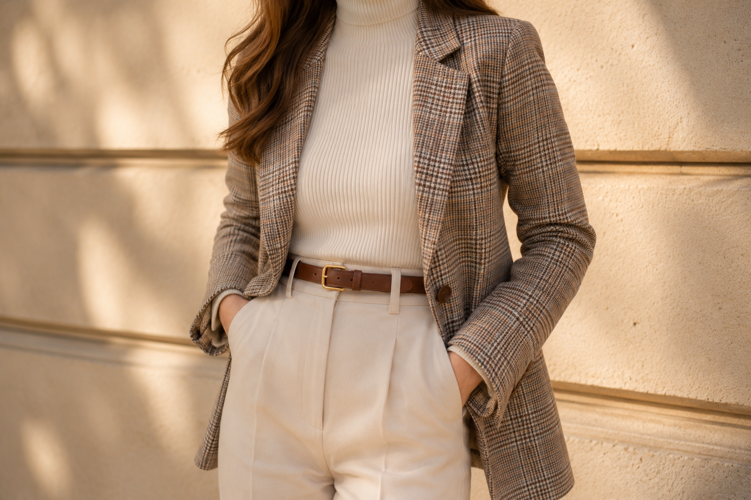 Blazer xadrez tartan com calça de alfaiataria off-white de cintura alta