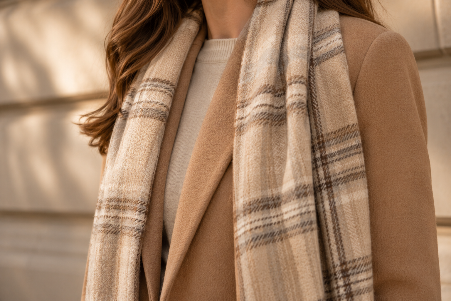 Cachecol xadrez tartan bege e marrom sobre casaco camel liso