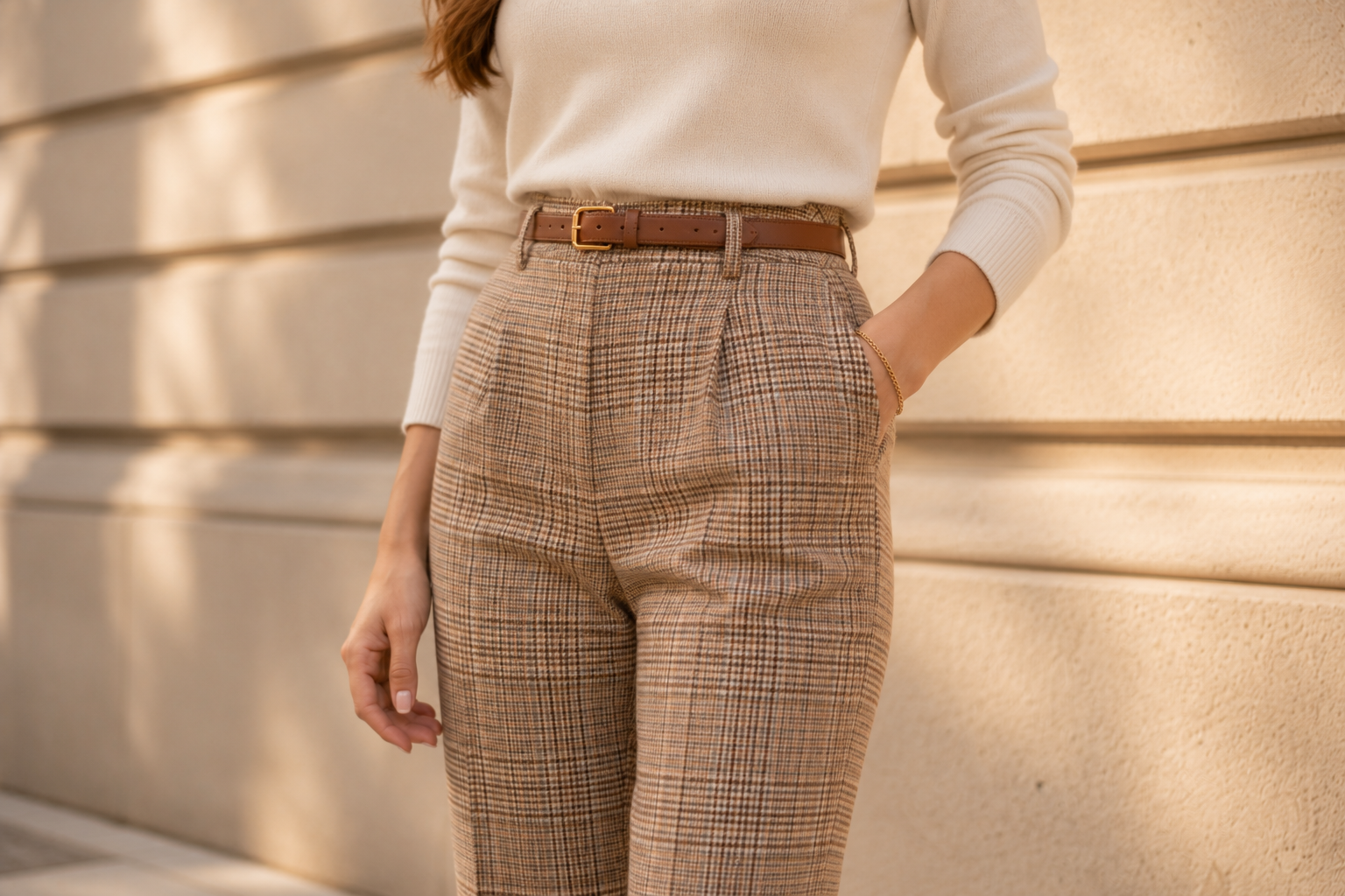 Calça de alfaiataria xadrez tartan com blusa lisa off-white