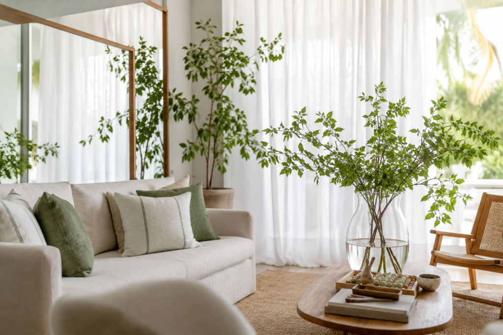 Sala clara e arejada com cortinas voil, sofá de linho e ramos verdes na mesa de centro