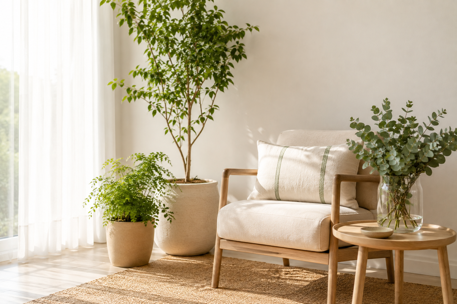 Canto claro com duas plantas de alturas diferentes e tapete de juta