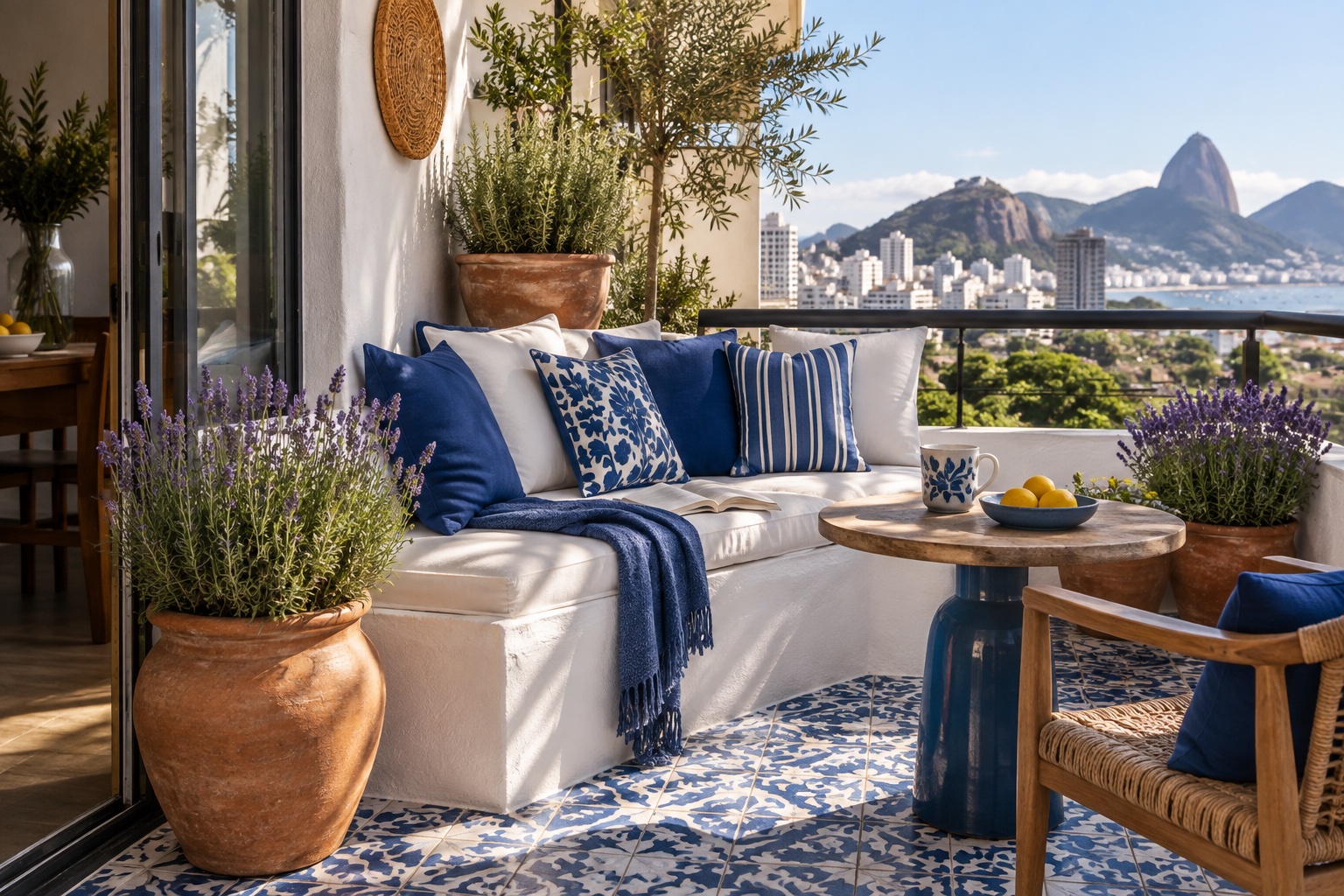 Varanda em estilo mediterrâneo com banco de alvenaria branco, almofadas azuis e vasos de barro
