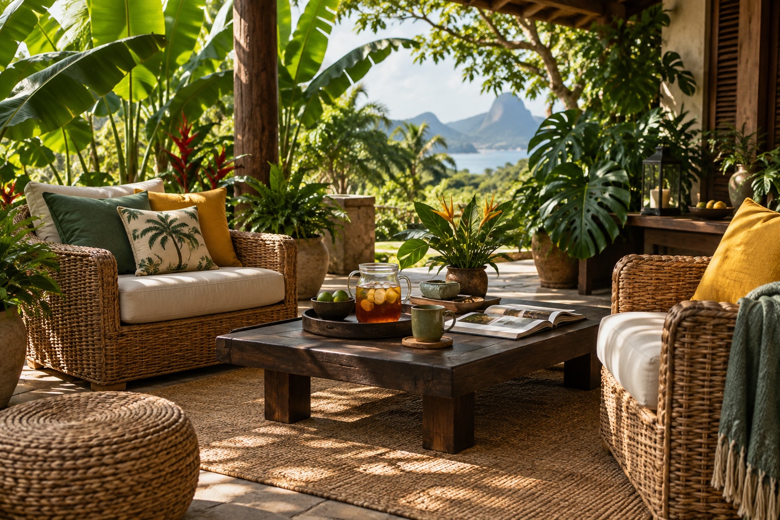 Varanda tropical com cadeiras de palha, folhas de bananeira e almofadas verdes e mostarda