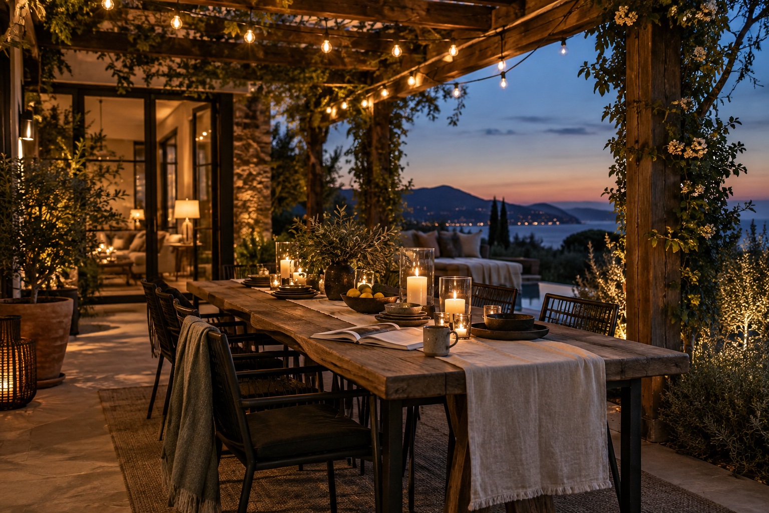 Mesa de jantar ao ar livre sob pérgola com varal de luzes acesas ao entardecer