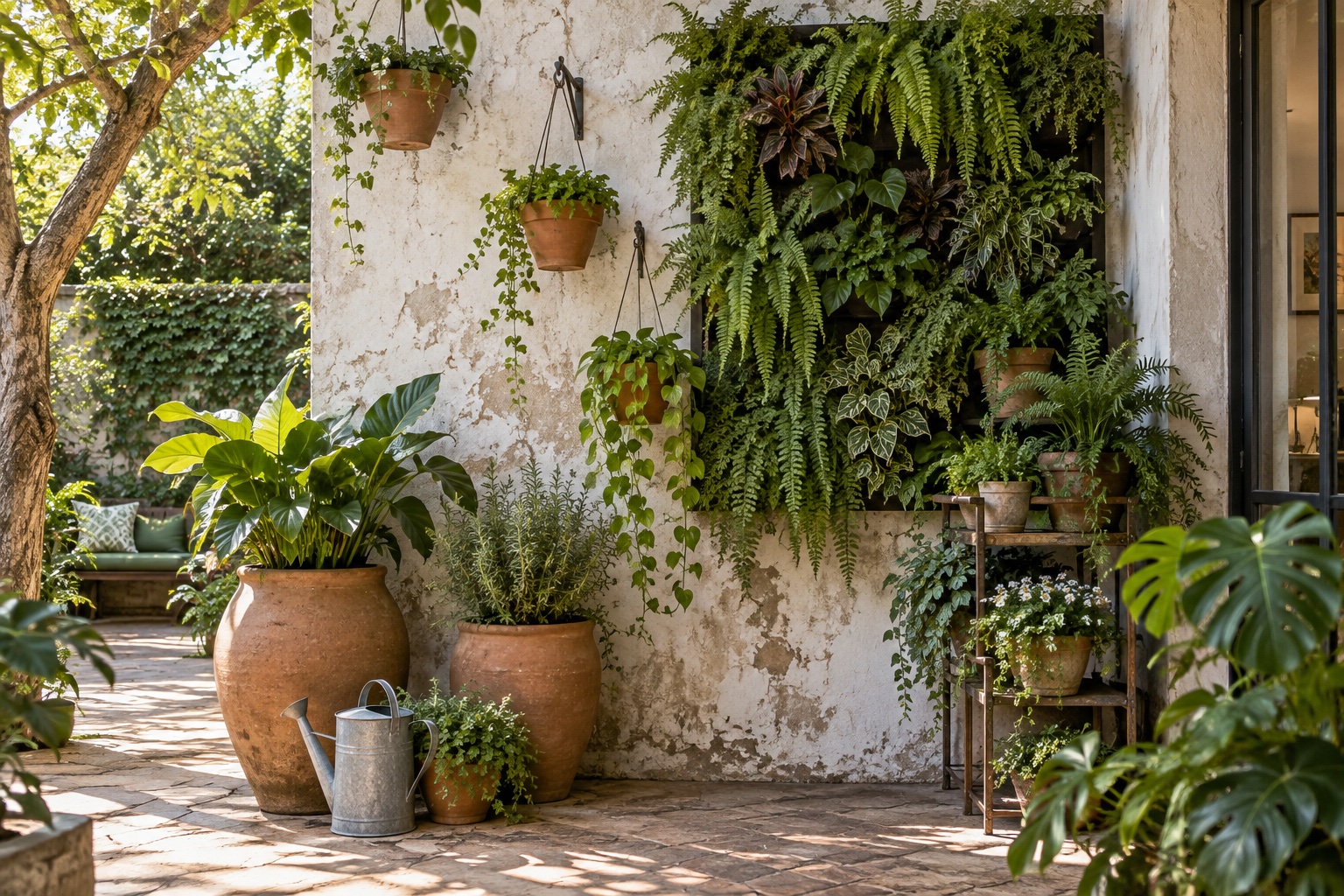 Jardim vertical e vasos de barro em alturas diferentes numa parede externa