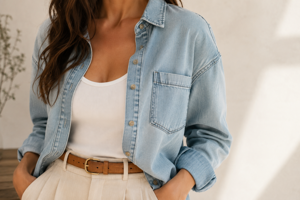 Camisa jeans de lavagem clara aberta sobre regata branca em luz natural