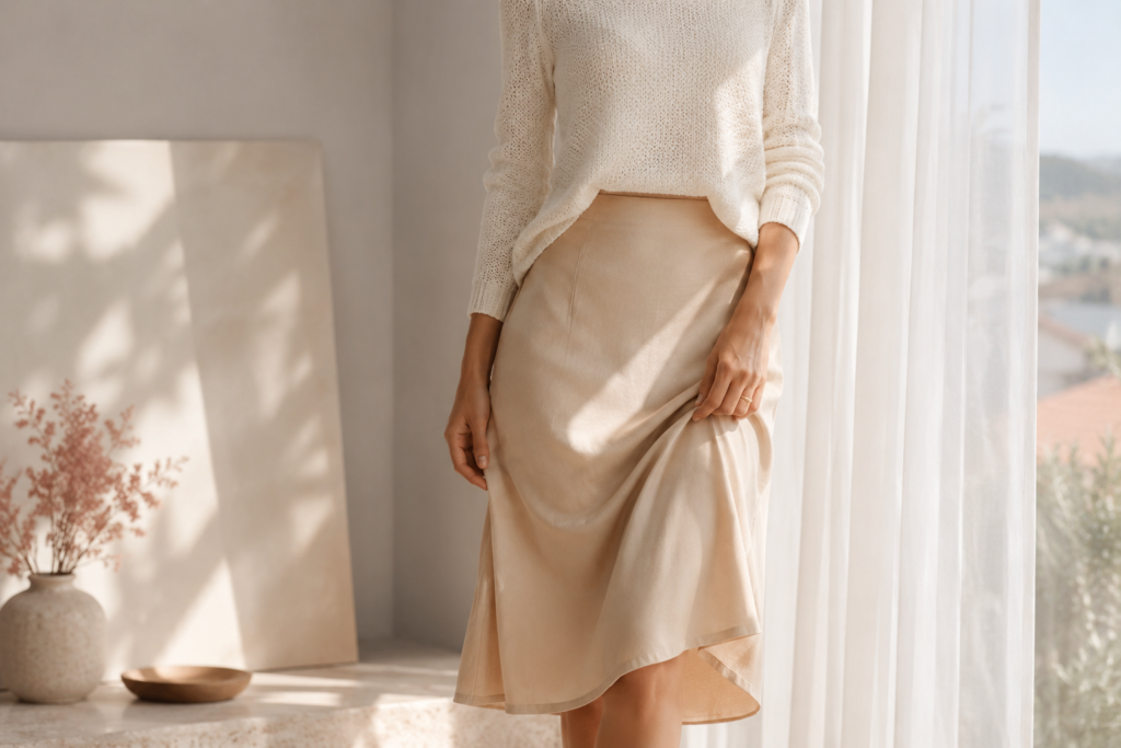 Look de meia-estação com tricô leve off-white e saia midi bege em luz natural