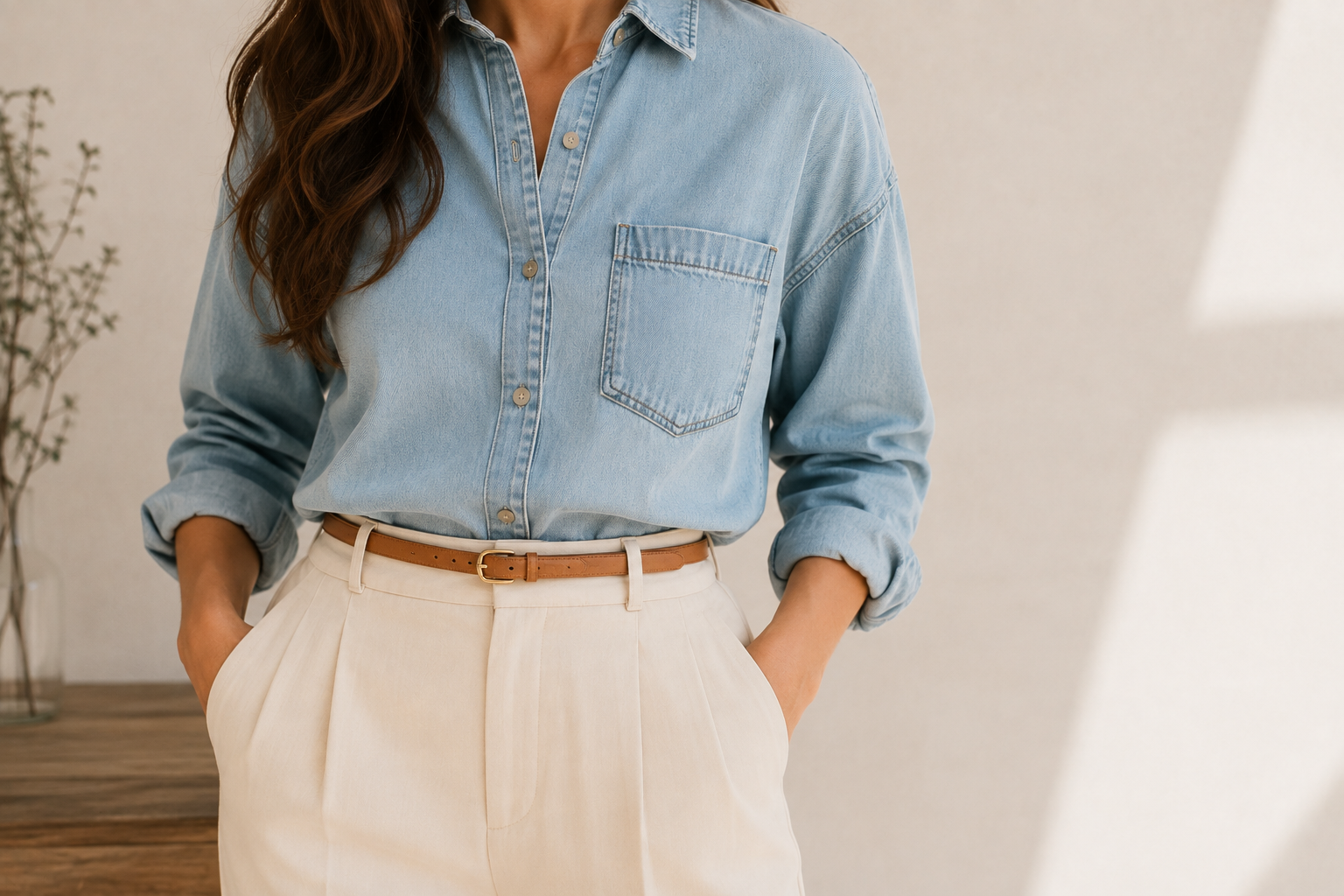 Camisa jeans por dentro de calça de alfaiataria creme com cinto caramelo