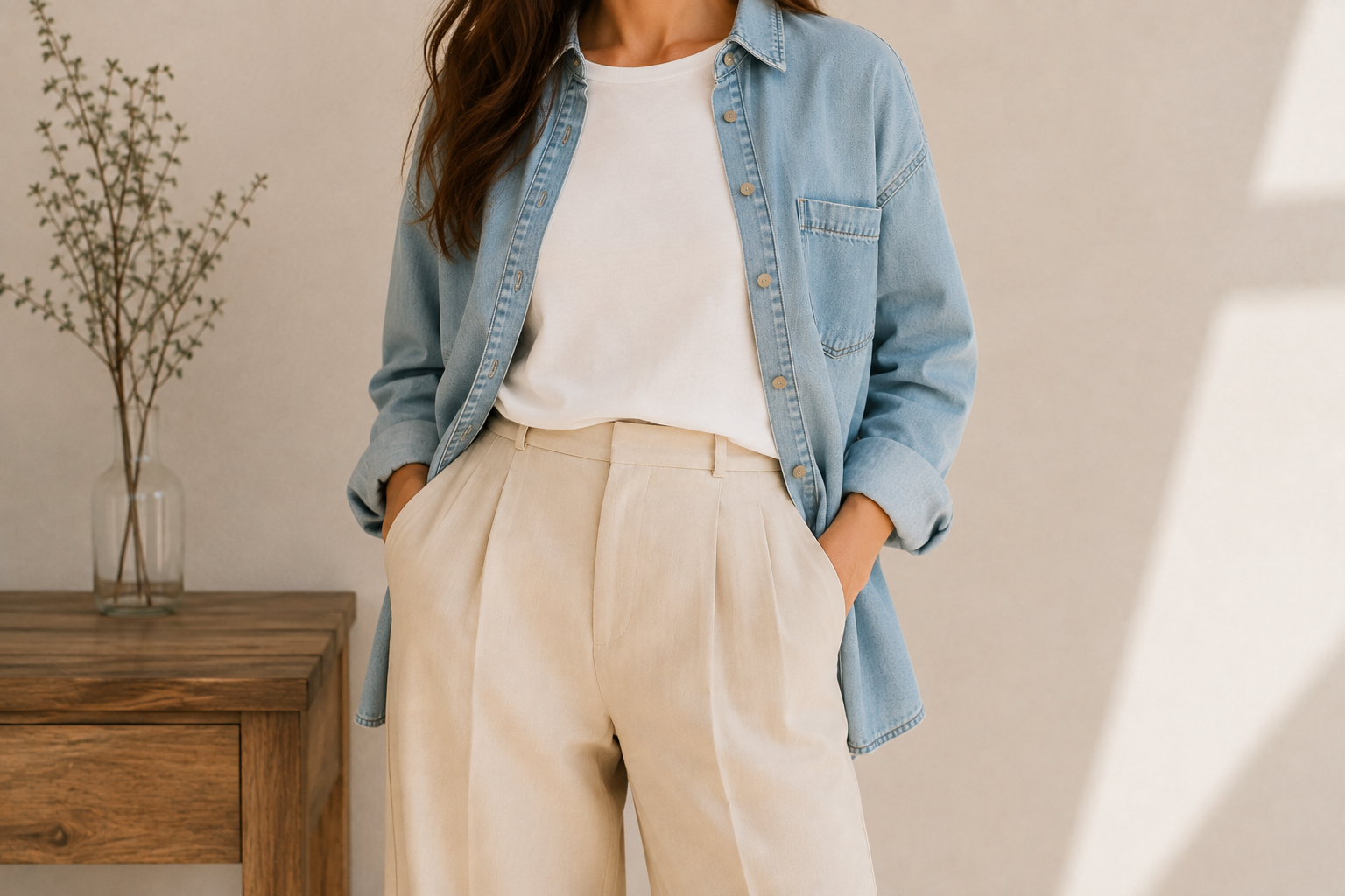 Camisa jeans aberta como terceira peça sobre camiseta branca e pantalona bege