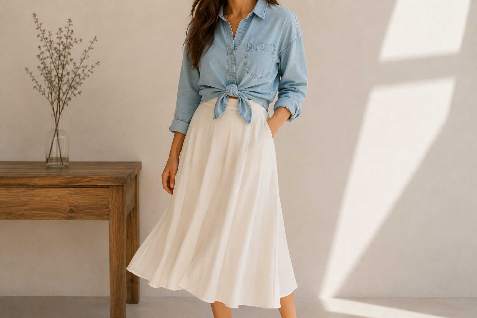 Camisa jeans amarrada na cintura sobre saia midi fluida off-white