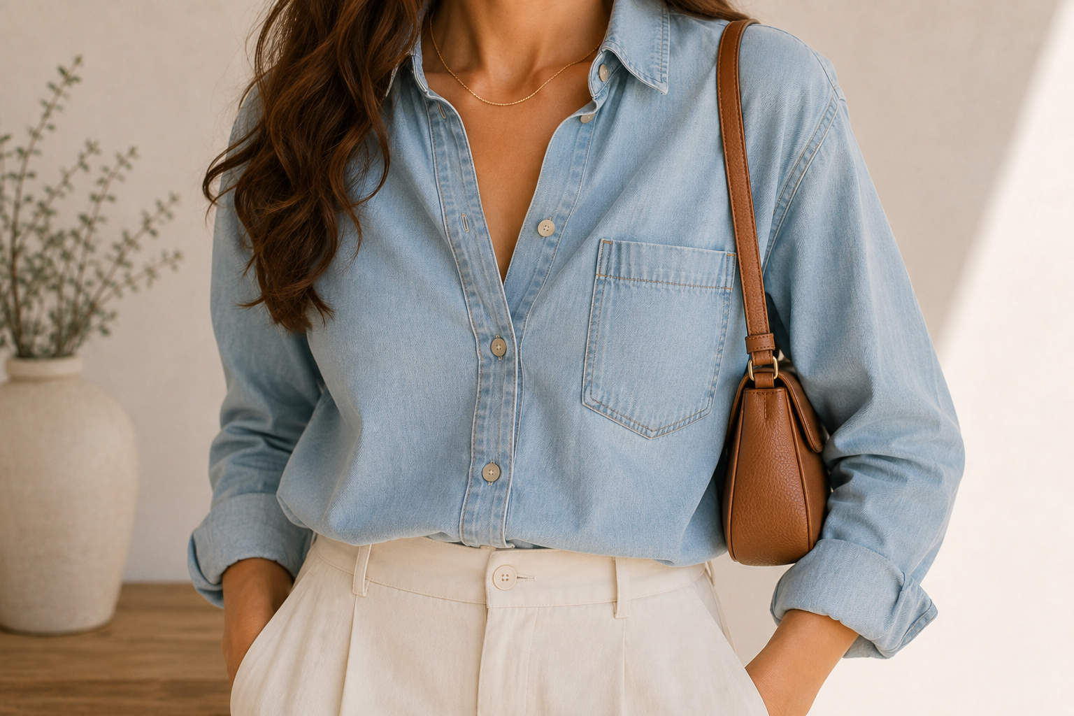 Camisa jeans com colar fino dourado e bolsa de couro caramelo
