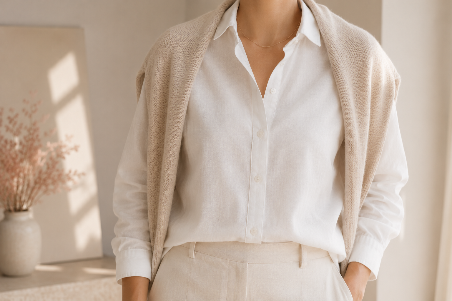 Camisa branca de algodão com cardigã bege leve sobre os ombros