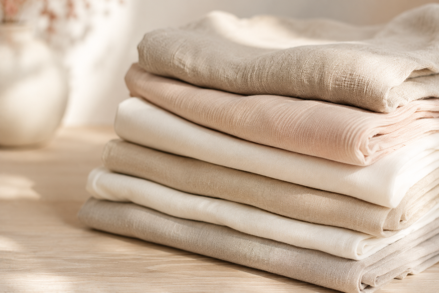 Tecidos leves dobrados em linho, algodão e viscose em tons neutros