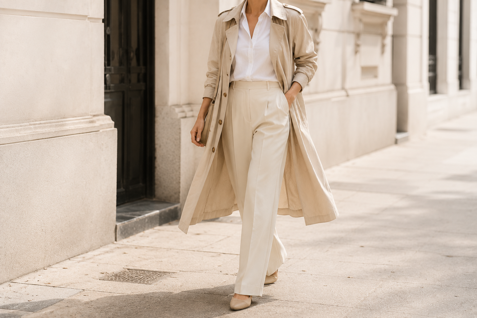 Trench coat bege aberto sobre camisa branca e calça creme em luz do dia