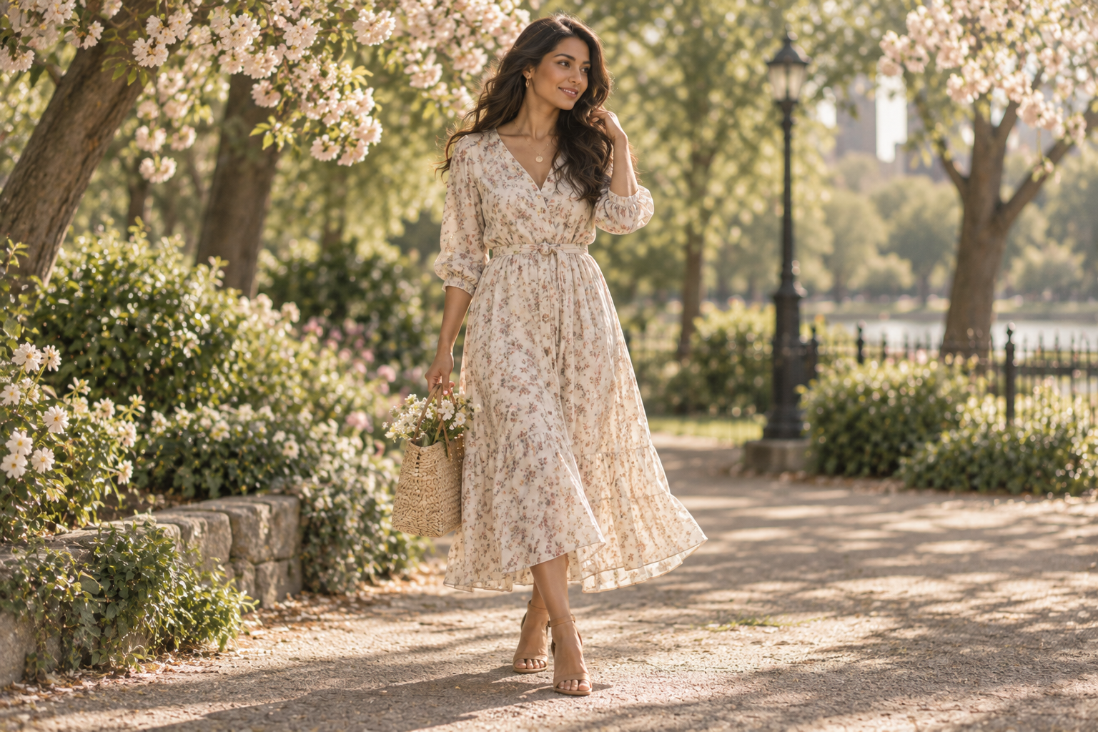 Mulher usando vestido midi de estampa floral suave em um parque florido