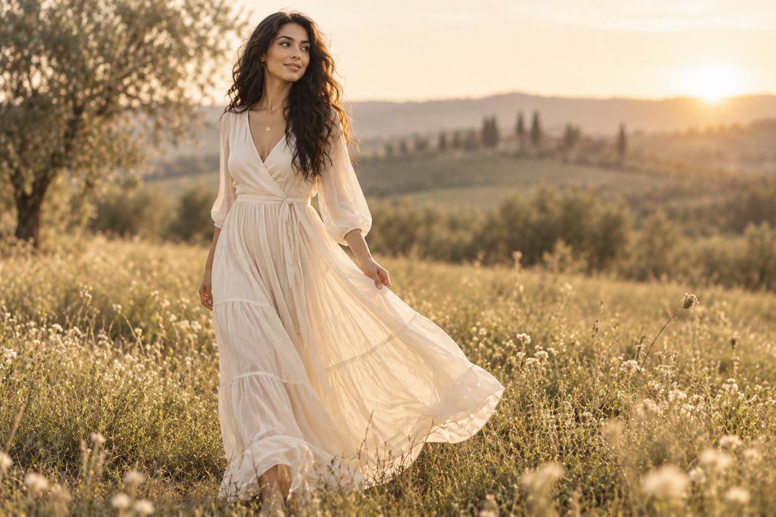 Mulher usando vestido longo fluido off-white ao ar livre na luz dourada