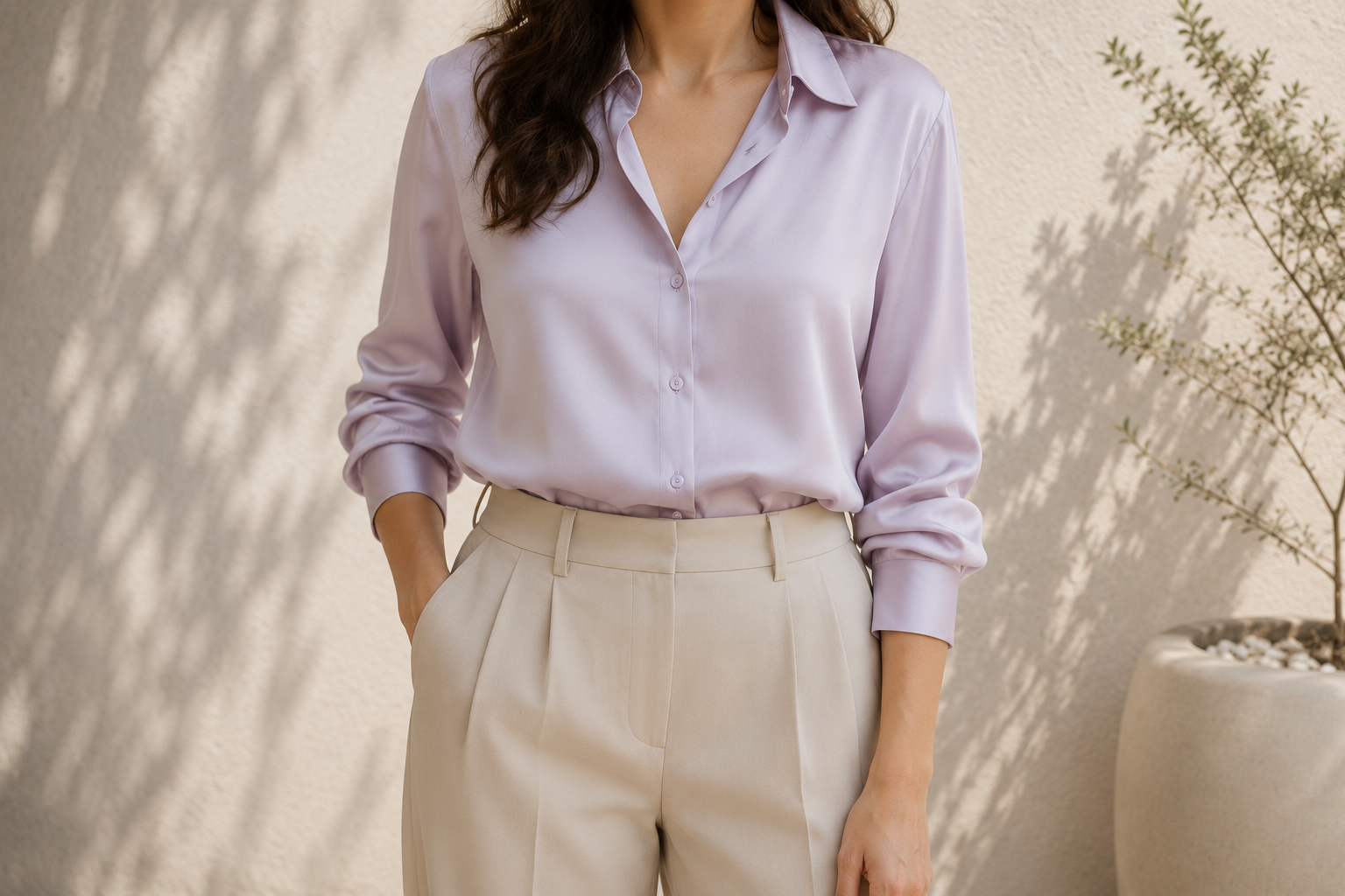 Blusa de seda lilás claro por dentro de calça de alfaiataria bege