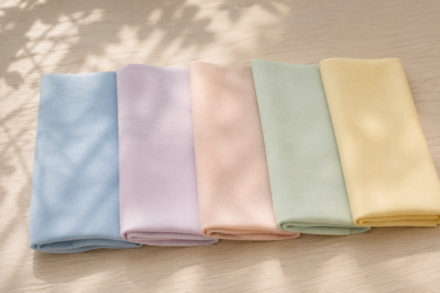 Cinco amostras de tecido em azul, lilás, rosa, menta e amarelo manteiga