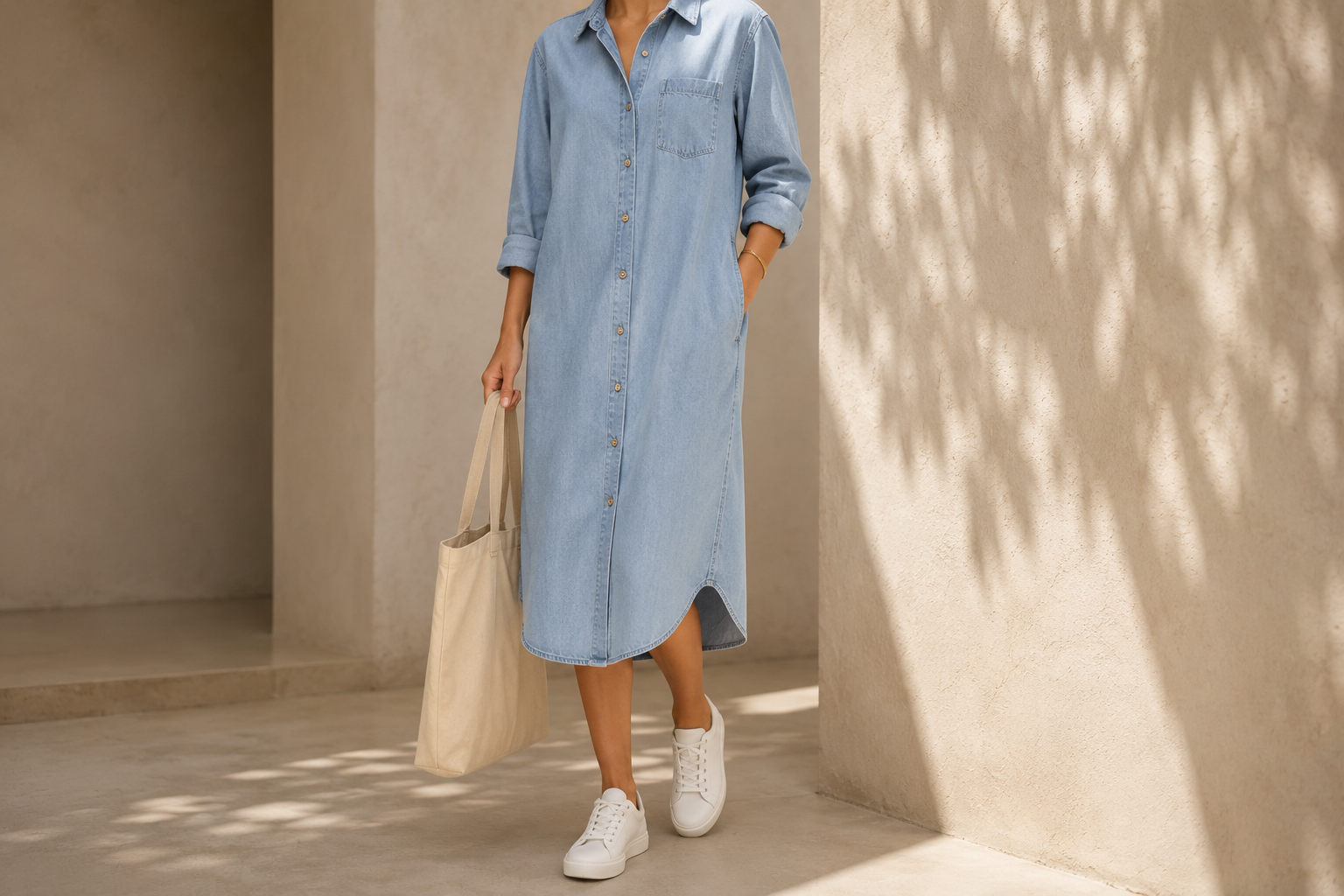 Vestido chemise jeans solto com tênis branco e bolsa de lona