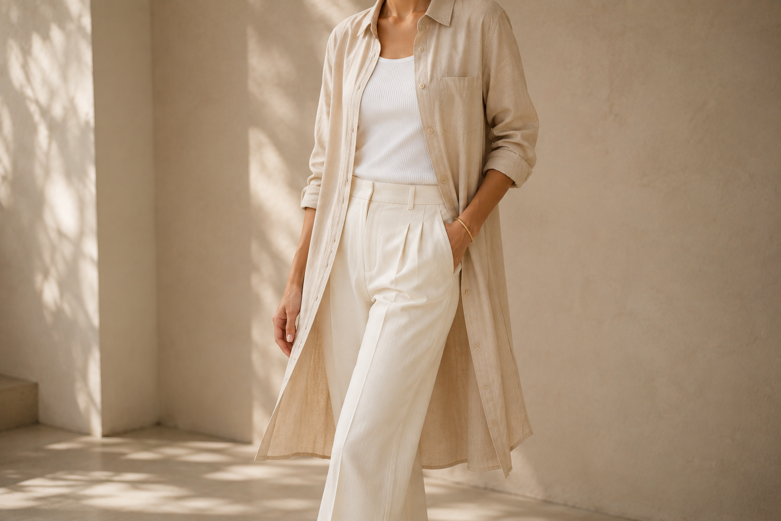 Vestido chemise bege aberto como terceira peça sobre blusa branca e calça creme